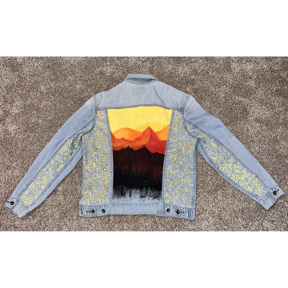 Lucky Brand Womens Blue Denim Jean‎ Jacket Y2K Hand painted Woman Large
